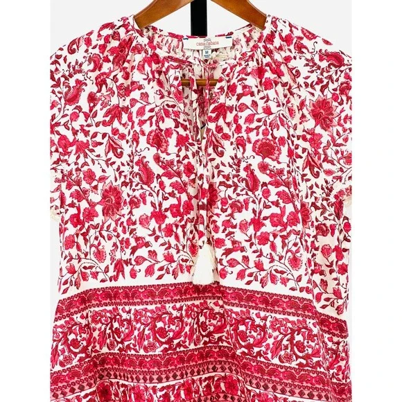 CASA CABANA Women's M Cotton NWT Penelope Red Licorice Short Sleeve Tasseled Top - Picture 2 of 12